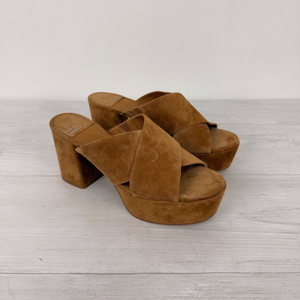 Jeffrey Campbell Coerce Platform Mules Womens 9 Tan Suede Block Heel Sandals NEW